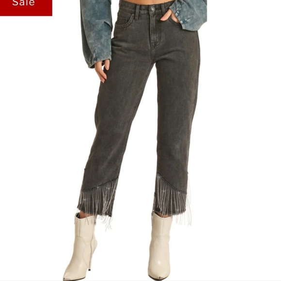 Rock & Roll Denim NWT Dark Wash High Rise Fringe Hem Cropped Straight Leg Wester - Picture 3 of 14